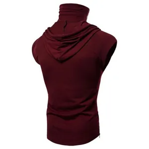 Detailed back view of a burgundy sleeveless hoodie with a high-neck design for men