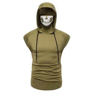 Detail view of men's olive sleeveless hoodie with integrated skull print face mask