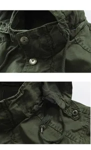 Close-up of metal buttons and zipper detail on a men's olive green hooded jacket