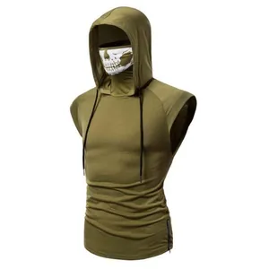 Detail of men's sleeveless army green hoodie with integrated skull print face mask