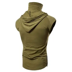 Back view of men's military green hooded high collar sleeveless T-shirt with side zipper.