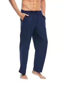 Dettaglio dei pantaloni lunghi casual da uomo in lino e cotone blu navy con coulisse