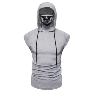 Detail of men's gray hooded T-shirt featuring a built-in skull face mask design