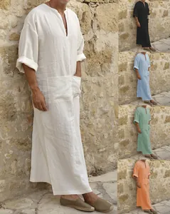 Men's breathable cotton linen long kaftan robe with V-neck and pockets, multiple colors
