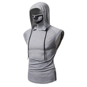 Men's gray sleeveless hoodie featuring an integrated skull face mask and side zipper