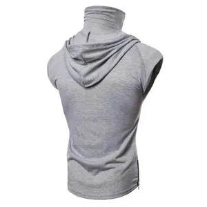 Back view of a grey sleeveless hoodie with a high collar and side zipper detail.