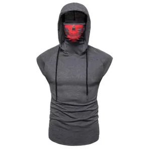 Detailed close-up of a grey hooded short-sleeved T-shirt with a red skull face mask design