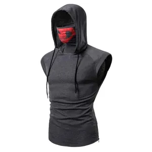 Dark grey sleeveless hoodie for men featuring integrated red skull face mask detail