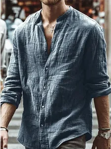 Herren Casual Leinen Baumwollmischung Hemd Langarm Stehkragen Locker Passend Einfarbig Mode Urban Atmungsaktives Hemd Herren