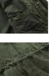 Detail view of men's army green jacket showing vintage washed cotton texture and stitching