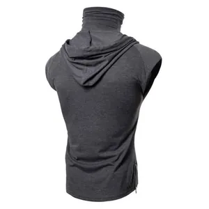 Back view of men's sleeveless hooded high-neck t-shirt in charcoal grey