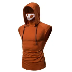 Close-up of men's sleeveless hoodie featuring integrated skull print face mask detail