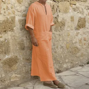 Men's loose long cotton linen robe in orange, ethnic style V-neck caftan with pockets.