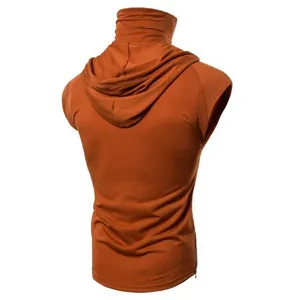 Back view of men's stylish sleeveless hooded T-shirt featuring a high neck cowl design