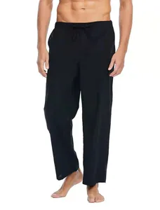 Pantaloni casual da uomo in cotone e lino neri con coulisse in vita e vestibilità comoda