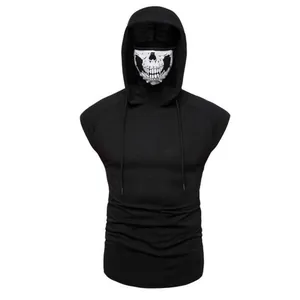 Men's casual black hooded short sleeve T-shirt with unique skull print face mask