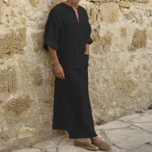 Men's loose fit black cotton linen long robe thobe with side pockets