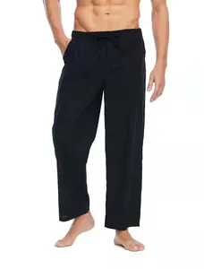 Vista dettagliata dei pantaloni casual da uomo in lino e cotone nero con coulisse