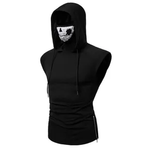 Detail of men's sleeveless hoodie featuring a unique skull print face mask design.