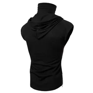Trendy men's black sleeveless hooded T-shirt with high neck and side zipper detail