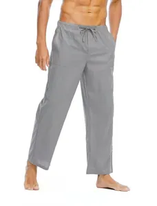 Pantaloni casual da uomo in cotone e lino grigi con elastico e coulisse.