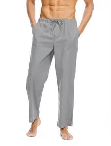 Pantaloni casual da uomo in lino e cotone grigio con coulisse elastica e tasche laterali
