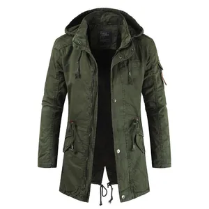 Men's slim-fit solid olive green hooded spring jacket with zipper and button closure