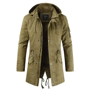 Men's slim fit khaki hooded windbreaker jacket with drawstring waist for spring season.