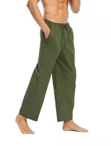 Pantaloni casual da uomo in cotone e lino verde militare con vita elastica e coulisse