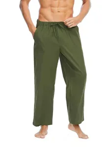 Pantaloni casual da uomo in cotone e lino verde oliva con comoda coulisse in vita.