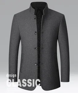 Front view of a grey stand collar wool jacket for men with button closure details.