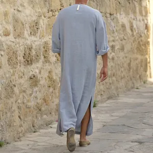 Detailed back view of a men's long light blue cotton linen robe with side slits.