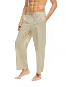 Pantaloni casual da uomo in cotone e lino cachi con comoda coulisse in vita