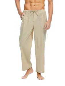 Comodi pantaloni casual da uomo in cotone e lino con coulisse regolabile colore kaki