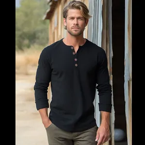 Casual black men's long-sleeve Henley shirt with four-button placket detail