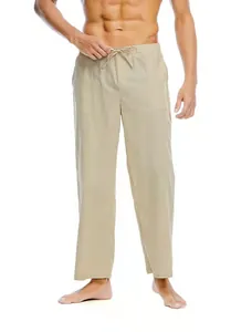 Pantaloni casual da uomo in lino e cotone con coulisse regolabile e tasche laterali in beige