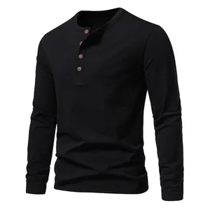Classic men's black long sleeve Henley T-shirt featuring a four-button placket design.