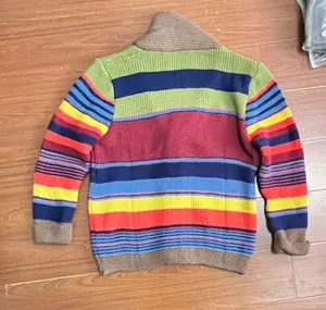 Back view of a men's rainbow striped knit cardigan with a classic lapel collar
