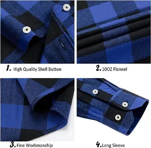 Detailansicht eines blau-schwarz karierten Flanellhemds mit hochwertigen Muschelknöpfen