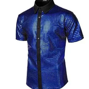 Camicia da Uomo in Paillettes Retro Anni 70 per Disco Party Manica Corta Bottone Down Costume Scintillante per Performance Cosplay