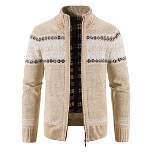 Detailed view of men's winter cardigan with snowflake pattern and plush lining texture