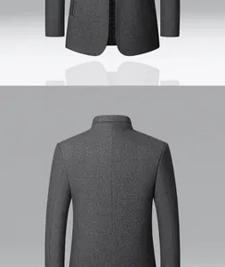 Detailed macro view showing the back and hem of a classic gray wool stand-up collar jacket
