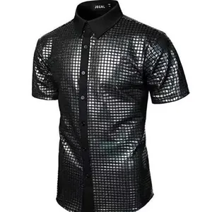 Camicia disco da uomo con paillettes argento per feste anni '70 e cosplay spettacoli