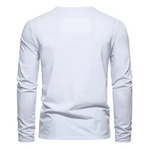 Back view of a men's casual white long-sleeved Henley T-shirt in plain cotton