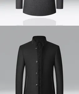 Detail view of men's wool jacket featuring a classic stand collar and button front.
