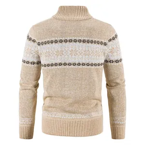 Back view of a men's khaki winter knit sweater featuring snowflake and geometric patterns.