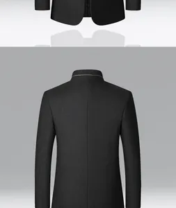 Back view detail of a premium black wool jacket for men featuring a traditional stand collar