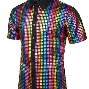 Camicia da uomo lucida con paillettes arcobaleno per feste in discoteca anni '70