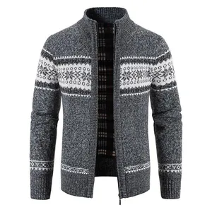 Front view of thickened grey knit cardigan showing nordic snowflake pattern and zipper detail