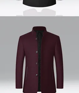Detailed front view of burgundy men's standing collar wool jacket with quilted lining